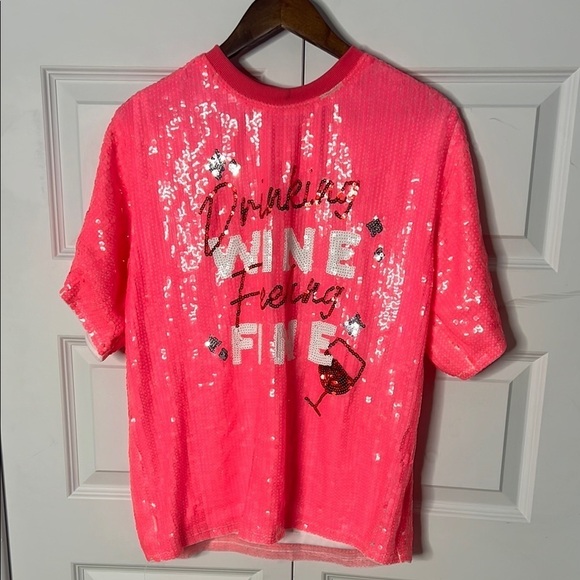 mainstrip Tops - “Drinking Wine and Feeling Fine” Pink Sequin Women's Top